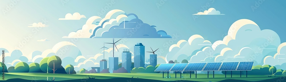 Obraz premium Cloud computing, renewable energy management via cloud, flat design illustration