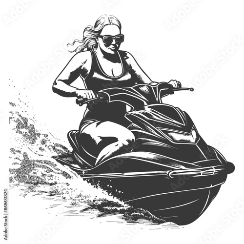 Monochrome Jet Ski Ride: Confident Woman, Sunglasses, Water Spray, Summer Fun.