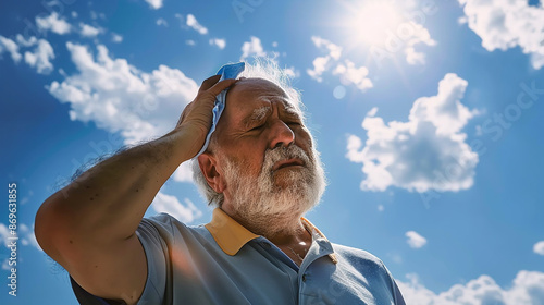 Heat stroke - Senior man with cold pack suffering from heat stroke outdoors
