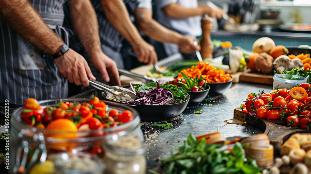 Obraz premium Chefs and food producers collaborating in a kitchen, innovating and diversifying a menu with creative vegetarian and vegan dishes