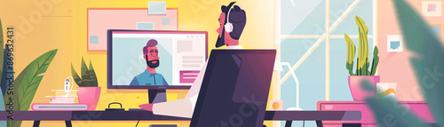 The process of a manager coaching a new team member through a video call, illustrating the adaptation to remote work practices