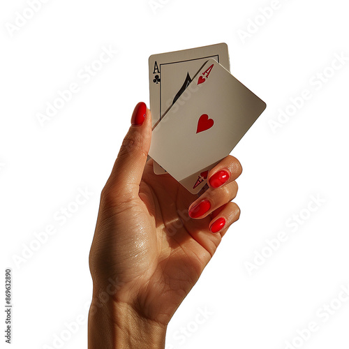 Hand holding aces of hearts and clubs on white background. photo