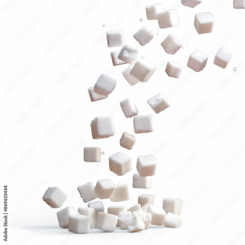 Sugar cubes floating or flying, isolated on a white background Sugar cubes floating or flying, isolated on a white background