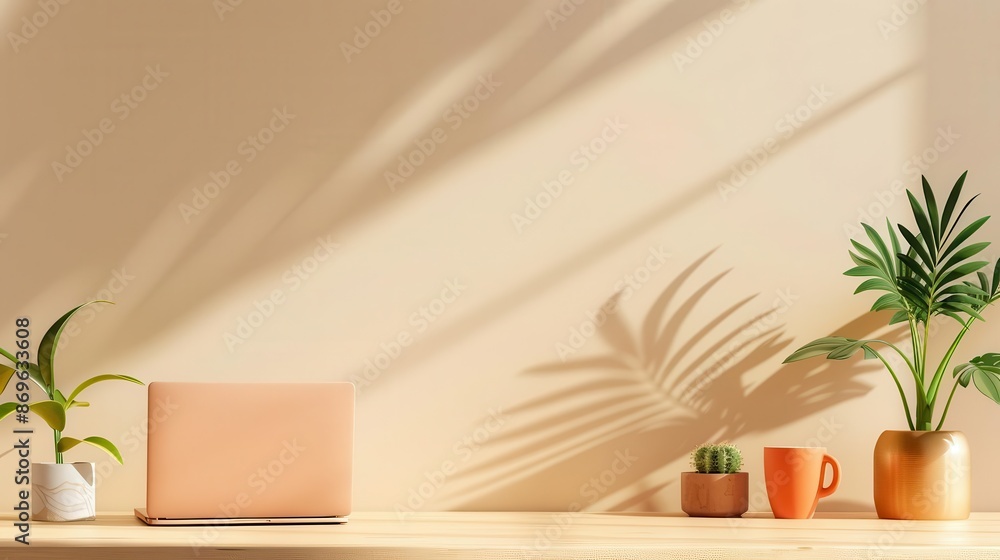 Minimalist workspace with laptop, plants, and sunlight. Minimalist workspace with laptop, plants, and sunlight.