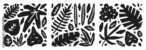Set of posters with black modern cut out exotic jungle leaves isolated on white background.