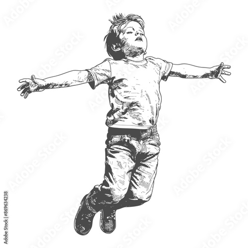 Sketch of Boy Leaping with Arms Wide Open, Joyful Expression, Freedom.