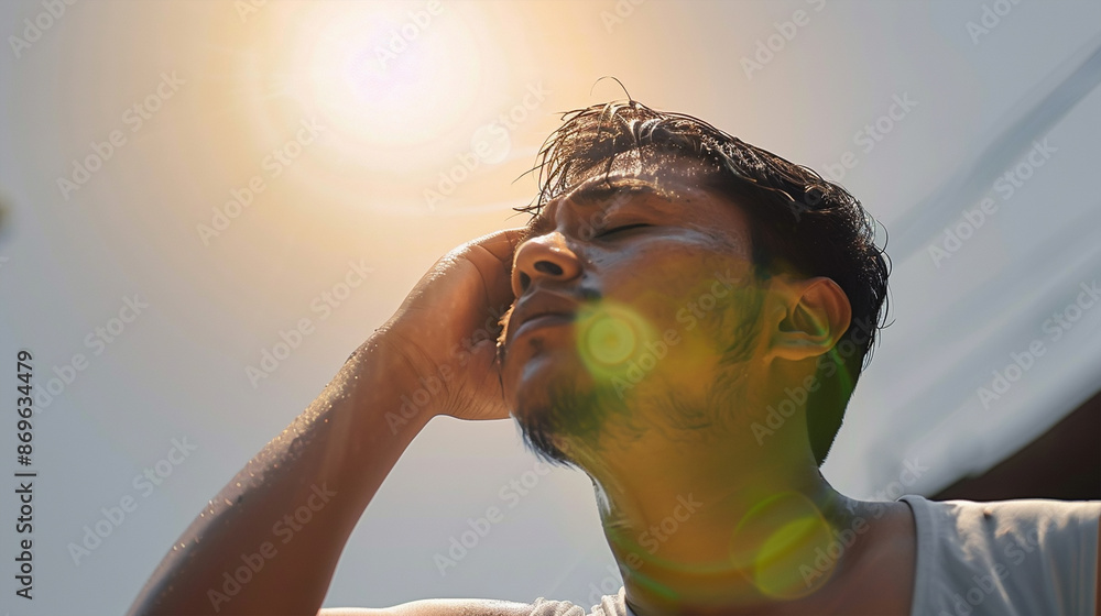 custom made wallpaper toronto digitalYoung man wiping sweat from his forehead against bright sunlight, useful for heat concept.