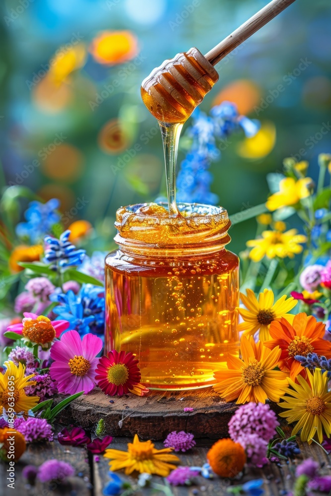 Honey Jar with Spoon: A rustic jar of honey with a wooden spoon dipped into it, set on a wooden table with scattered wildflowers. Honey Jar with Spoon: A rustic jar of honey with a wooden spoon dipped into it, set on a wooden table with scattered wildflowers.