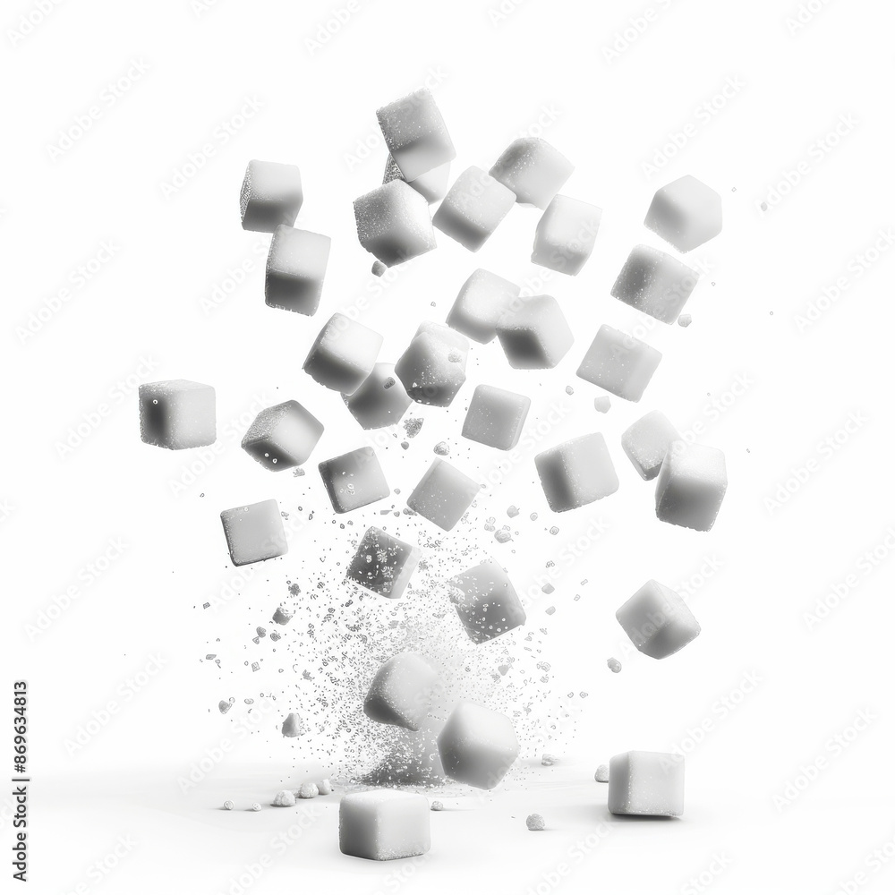 Sugar cubes floating or flying, isolated on a white background Sugar cubes floating or flying, isolated on a white background