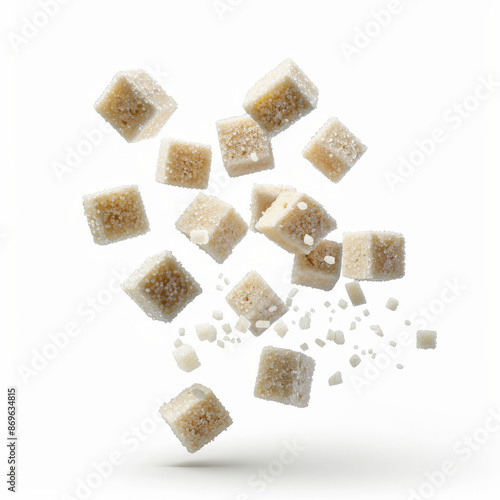 Sugar cubes floating or flying, isolated on a white background