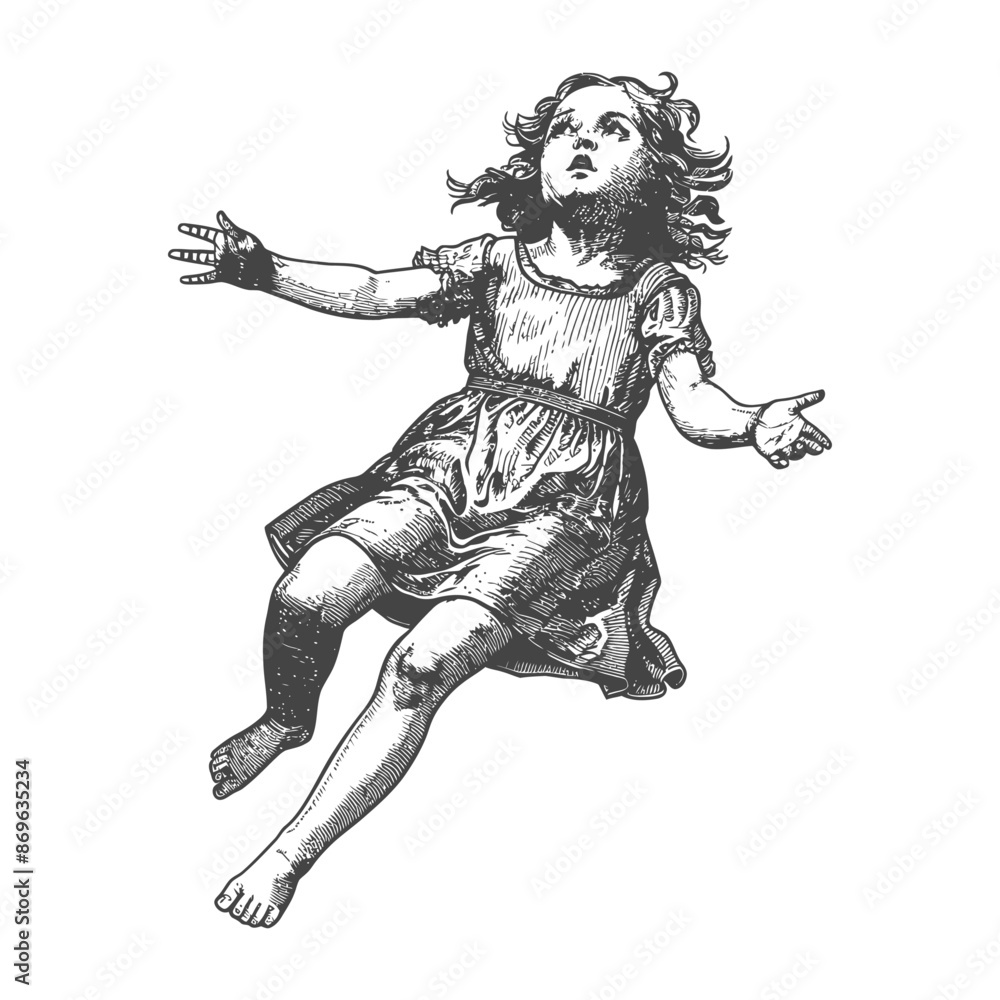 Fototapeta premium flying little girl with engraving style black color only