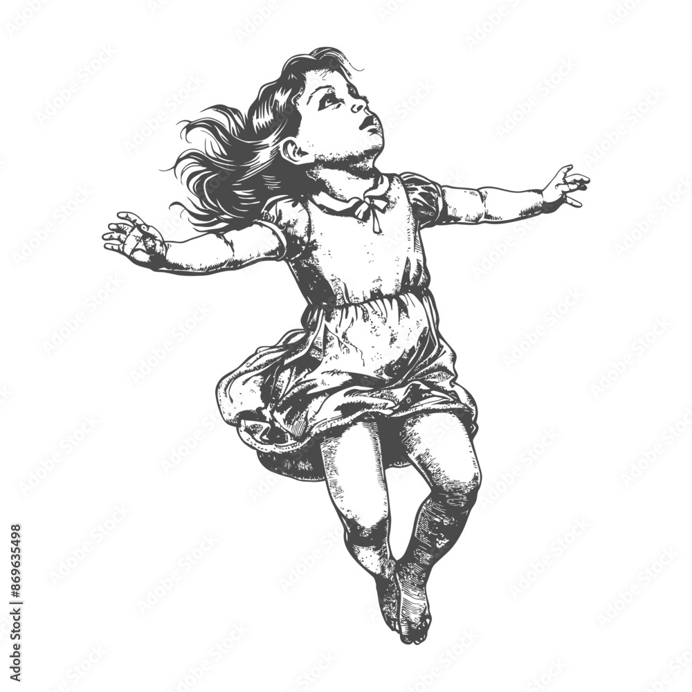flying little girl with engraving style black color only flying little girl with engraving style black color only