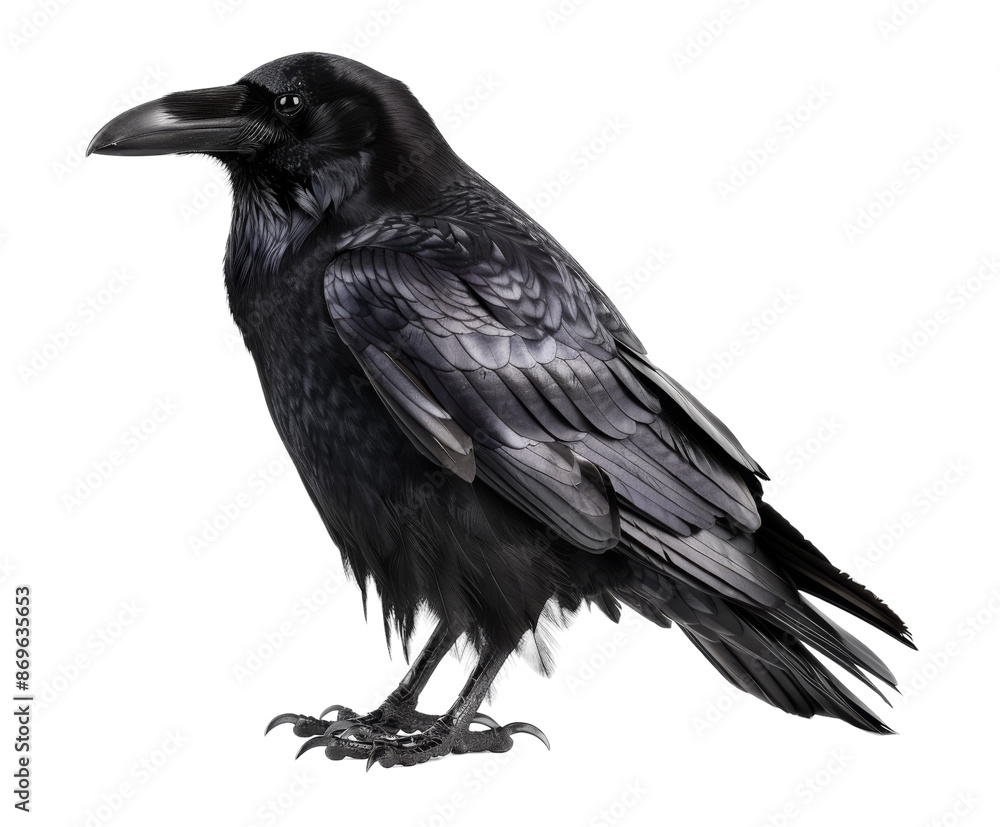 Fototapeta premium Black raven with detailed feathers, isolated on white.