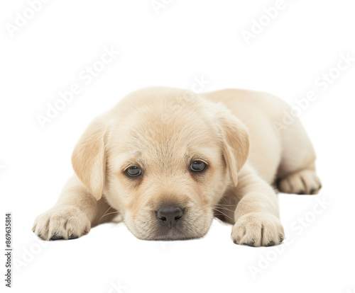 Cute puppy with head resting on paws, isolated on white.