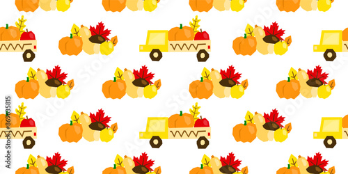 Seamless pattern with cute cut out autumn icons. Seasonal background with car trucks and vegetables.