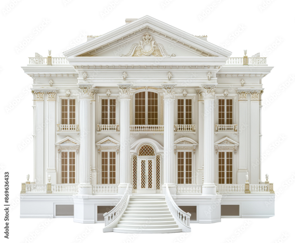Fototapeta premium Miniature white house with detailed features, isolated on white.