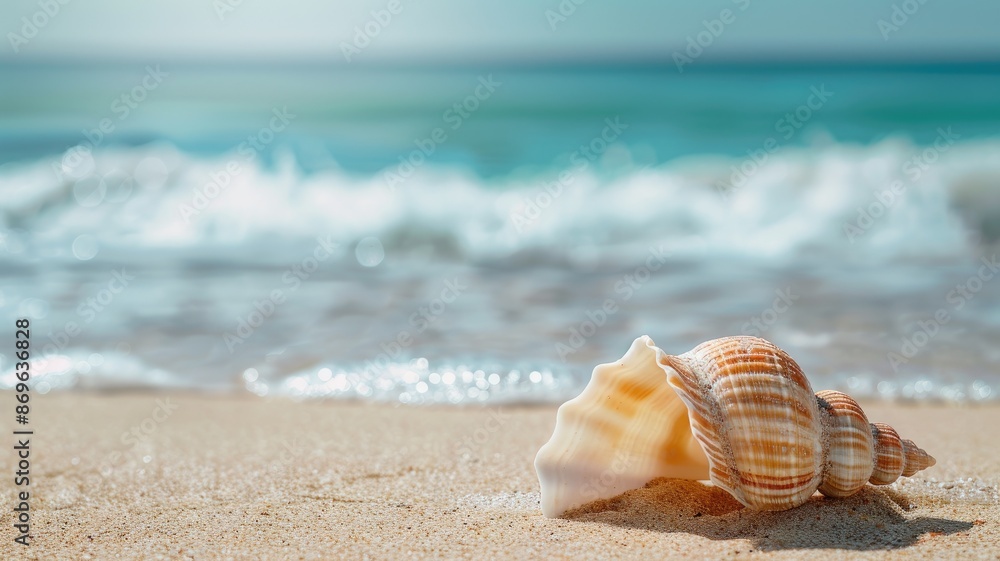 Seashell on sandy beach with ocean waves in background Seashell on sandy beach with ocean waves in background