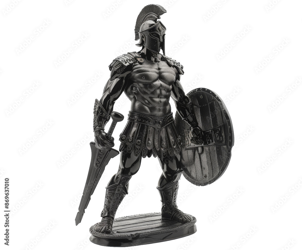 Obraz premium Black Spartan warrior statue with helmet on white background..
