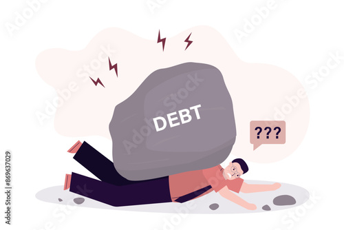 Businessman lies crushed under heavy debt stone. Metaphor of debt, loan and credit burden. Design isolated on white background.