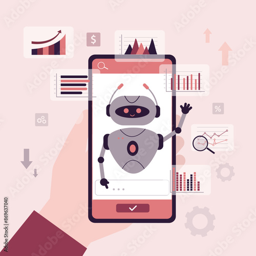 Trading robot helping businessman trades on stock market, bot analyst researching charts. Financial smart chatbot and various diagrams on mobile phone screen.
