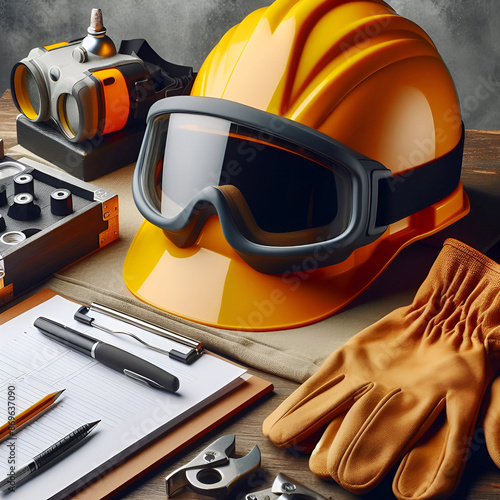 Protective Gear on Table Helmet Goggles and Gloves, Construction site health and safety concept. Ai generative photo