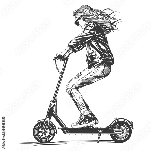 girl riding electric scooter with engraving style