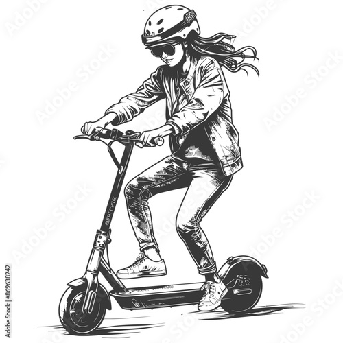 girl riding electric scooter with engraving style