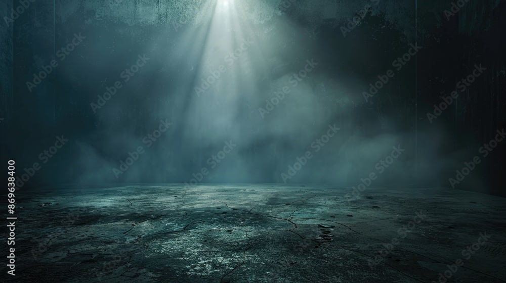 Dark room with a grunge concrete floor and eerie fog under a single ...