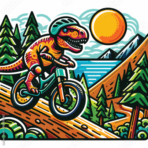 dinosaur riding a bike with mountain 