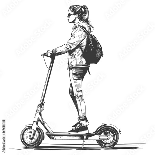 girl riding electric scooter with engraving style