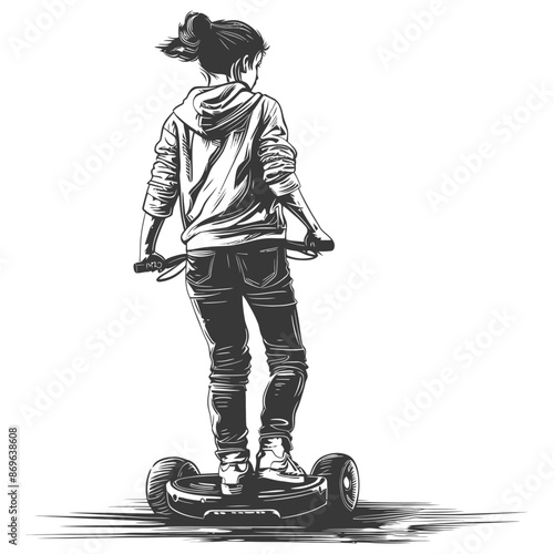 girl riding hoverboard with engraving style