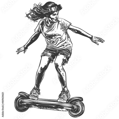 girl riding hoverboard with engraving style