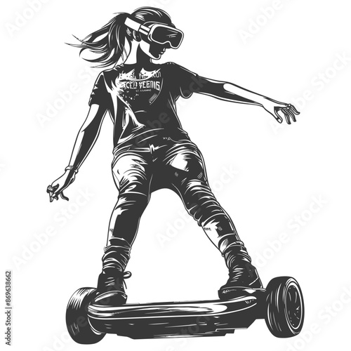 girl riding hoverboard with engraving style