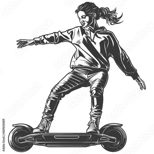 girl riding hoverboard with engraving style