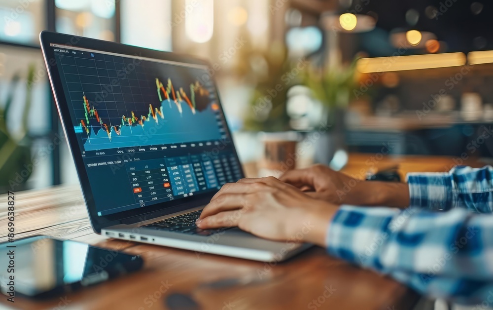 Young professional reviewing stock market trends on a laptop, Market, Stock Analysis Young professional reviewing stock market trends on a laptop, Market, Stock Analysis