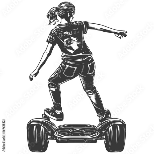 girl riding hoverboard with engraving style