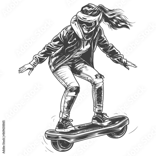 girl riding hoverboard with engraving style