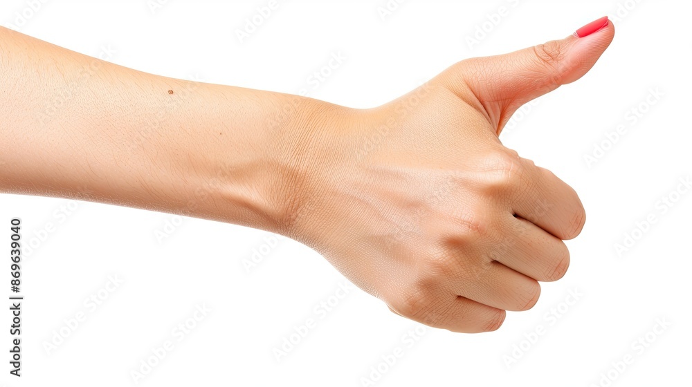Female hand showing a thumbs down, white background Female hand showing a thumbs down, white background