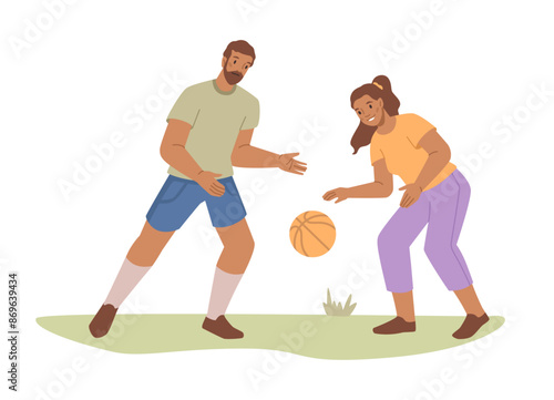 Father and daughter playing with ball on grass. Vector man and girl playing in park outdoors, flat cartoon characters vector illustration. Happy childhood, soccer sport activities
