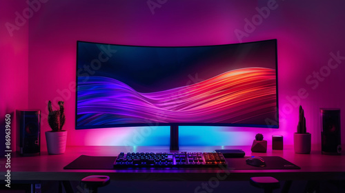 curved monitor on desk with gaming mouse and keyboard, dark background, colorful light waves