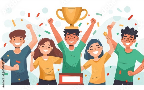 Euphoric teenager winning a sports competition, holding a trophy high with teammates cheering, Buoyant, Positive, Victory