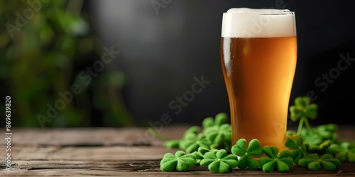 St Patricks Day shamrocks with beer in a rustic bar setting. Concept St, Patrick's Day Celebration, Rustic Bar Decor, Shamrock Decorations, Beer Photography, Festive Atmosphere photo