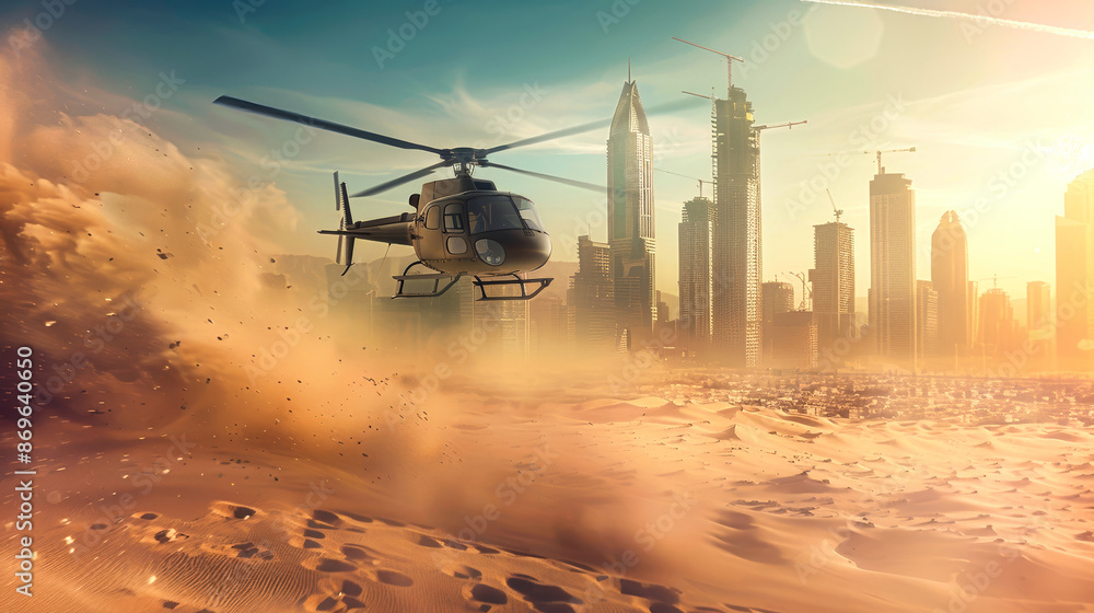 A helicopter flies through a cloud of dust over the cityscape of Dubai, with skyscrapers and cranes visible in the background A helicopter flies through a cloud of dust over the cityscape of Dubai, with skyscrapers and cranes visible in the background