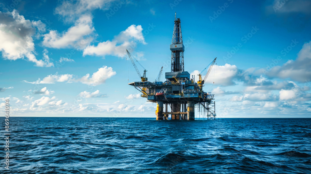 A large offshore oil and gas platform stands tall in the ocean, working diligently to extract valuable resources A large offshore oil and gas platform stands tall in the ocean, working diligently to extract valuable resources