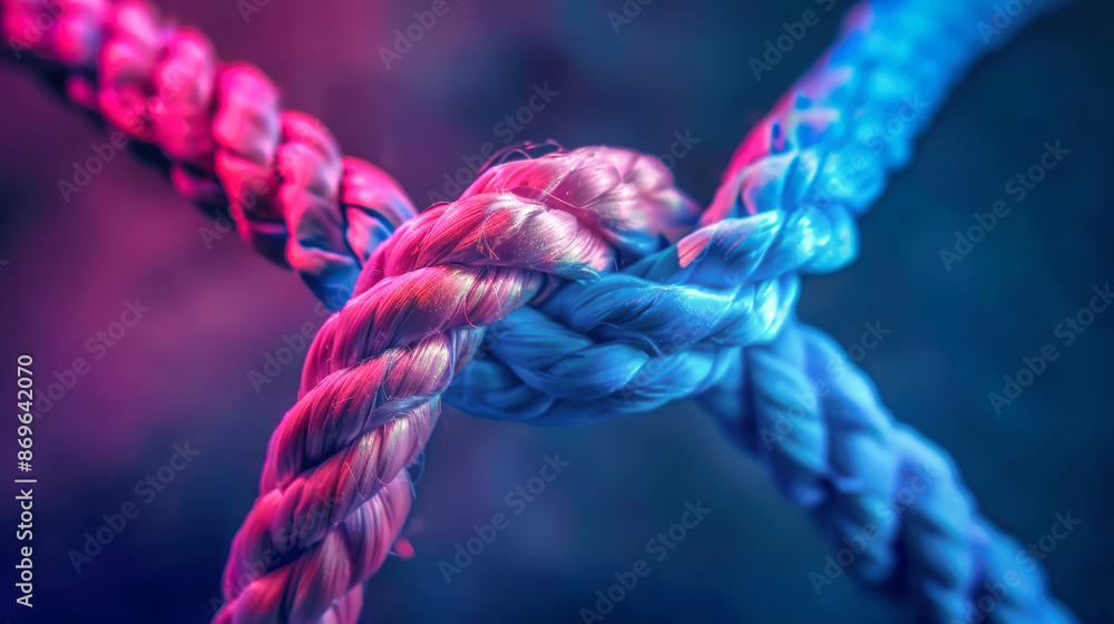 A close-up macro shot of intertwined red and blue ropes, showcasing the intricate details of their textured surfaces and vibrant colors A close-up macro shot of intertwined red and blue ropes, showcasing the intricate details of their textured surfaces and vibrant colors