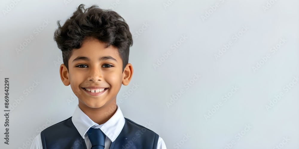 Portrait of a Cheerful Indian American Teenage Boy in School Uniform against White Background. Concept Portrait Photography, Teenage Model, School Uniform, White Background, Indian American Portrait of a Cheerful Indian American Teenage Boy in School Uniform against White Background. Concept Portrait Photography, Teenage Model, School Uniform, White Background, Indian American
