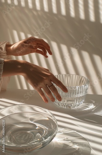 Hand Reaching for Glass Bowl With Water on Table in Sunlight Through Blinds