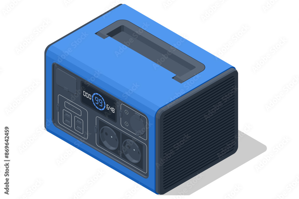 Fototapeta premium Isolated portable home battery designed for home backup. Home backup solution. Portable power supply battery to use for camping, fishing, hunting or during power outages.