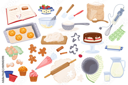 Vector set of baking ingredients, products and kitchen tools Flour, whisk, butter, milk for cooking homemade baking recipes Cartoon kitchen supplies, bakery stuff for poster, banner, card, advertising
