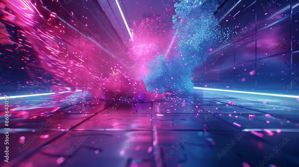 Glowing neon pink and blue splashes against a futuristic metallic background. Glowing neon pink and blue splashes against a futuristic metallic background.